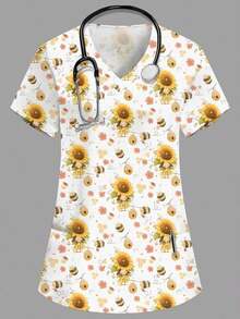 Blusa de mujer con cuello en V blanco, manga corta, con doble bolsillo, con estampado de dibujos animados lindos, estampado de animales de granja, uniforme de enfermera/médico, ropa de trabajo de unicolor para peluquería de mascotas, bata de labo - Blanco - Ver 6