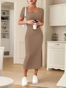 Frenchy Vestido elegante de unicolor de manga corta con abertura simple para mujeres - Caqui - Ver 4