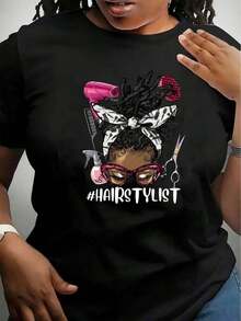 Women's Short Sleeve T-Shirt [Sports T-Shirt] Fashionable Women's Floral Print T-Shirt, Casual Short Sleeve Crew Neck, Comfortable Summer Top, Made Of Woven Polyester, Suitable For All Seasons. Hair Stylist Graphic T-Shirt | Relaxed Fit | Plus Sizes - 黑色 - 查看 6