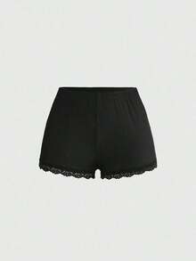 Conjunto de pijama casual de camiseta de tirantes acanalada y shorts con encaje - Negro - Ver 7