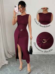 Vestido largo elegante y minimalista para mujer, silueta favorecedora, para verano - Burdeos - Ver 12