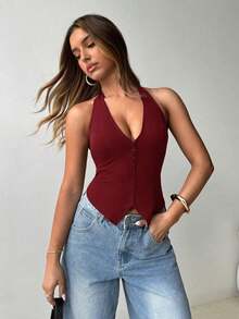 Top halter con cuello en U sexy y diseño abierto en la espalda para mujeres - Burdeos - Ver 4