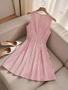 Vestido de línea A con cintura ceñida, decorado con lazo, a rayas azul y blanco, adecuado para la escuela, picnic de fin de semana, salida casual con amigos, de estilo fresco y dulce - Rojo y blanco - Ver 2