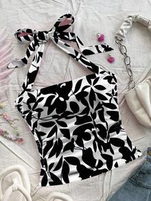 Parte superior de punto ajustada de mujer con cuello de lazo de color blanco, con estampado de hojas tropicales azules, adecuado para vacaciones de verano - Negro - Ver 6