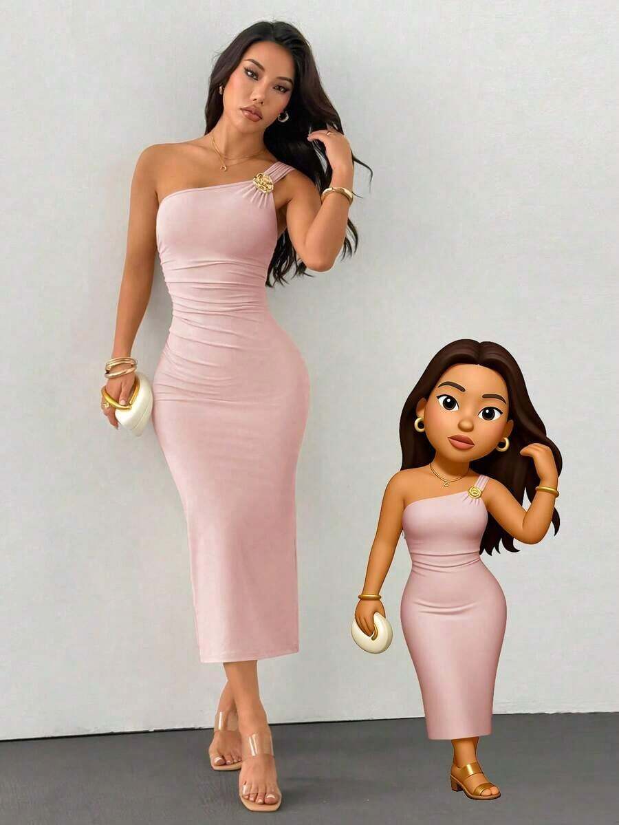Falda de cola de pez con pliegues asimétricos y broche dorado como decoración - Rosa - Ver 1