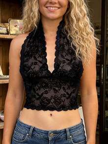 Tops cortos de encaje con cuello halter para mujer, tops de verano transparentes con escote en V, tops de tirantes para salir, camisetas sin espalda para estilo urbano. - Negro - Ver 2