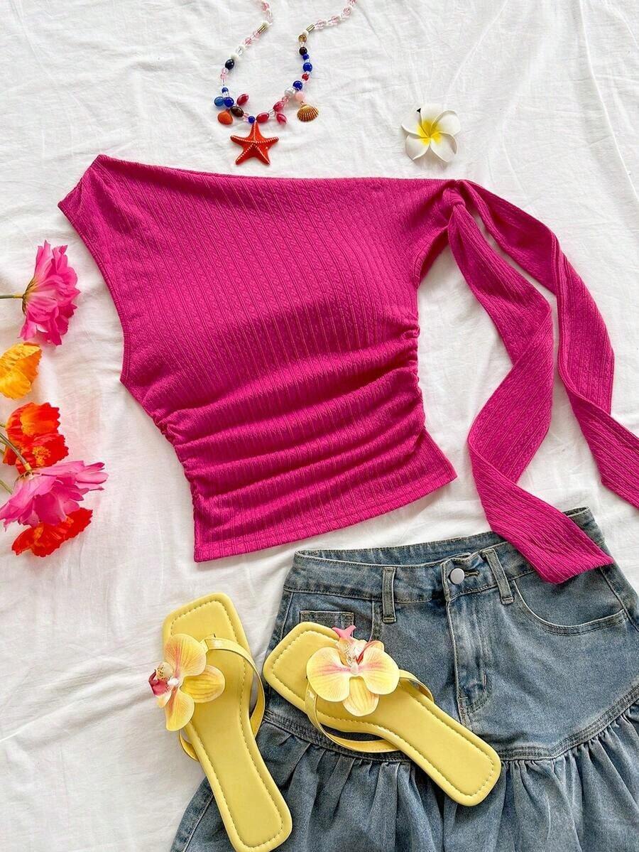 Blusa ajustada de cuello asimétrico con volantes y lazada, en color amarillo pálido, apta para fiesta, vacaciones, festival de música, estilo bohemio, citas y té de la tarde - Rosa Fucsia 2 - Ver 1