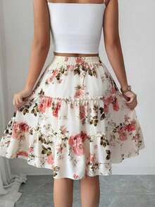 Falda de línea A con volantes y forro, diseño floral de rosas rosas y florecitas, elegante y nueva para la primavera/verano 2026 de Jfghh para mujer, adecuada para mujeres de 20 a 35+ años para ocasiones casuales, vacaciones, playa, citas, o para ir al trabajo (estampado aleatorio). - Multicolor - Ver 9