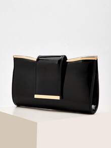 Quilted Flap Closure PU Solid Color Envelope Bag, Fashionable Bright Color Party Clutch, Laser Bright Color Chain Shoulder Bag, Glossy Evening Party Mini Square Bag, Suitable For Women Date, Party, Banquet - Black - View 3