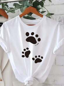 100% Cotton Short-Sleeved T-Shirt With Paw Print And LCWD Print. | Casual Crew Neck T-Shirt For Summer And Spring, Pet-Themed, Machine Washable, Comfortable Casual Wear, A Gift For Dog Lovers - 白色 - 查看 6