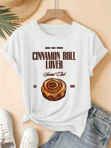 2026 Spring Summer New Women Round Neck CINNAMON ROLL Print Short-Sleeved T-Shirt Retro Distressed Casual Top Soft Fabric High-Quality Women Clothing Fun And Quirky Design Suitable For Spring - 白色 - 查看 2