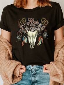 Playera de cuello redondo con estampado Hair Hustler, top casual de manga corta para verano y primavera, ropa para mujer - Negro - Ver 1