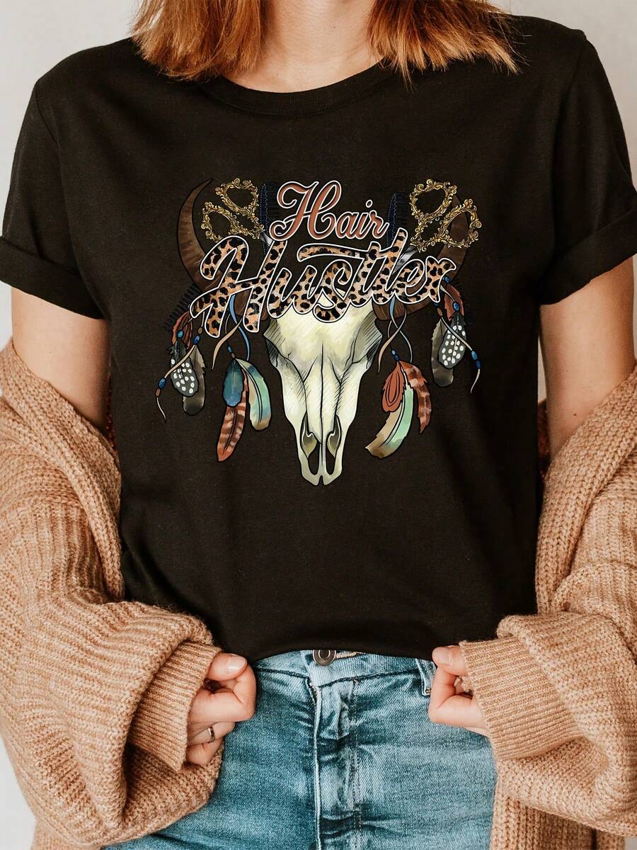 Playera de cuello redondo con estampado Hair Hustler, top casual de manga corta para verano y primavera, ropa para mujer - Negro - Ver 1