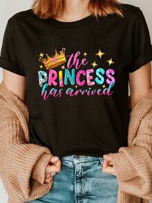 Personalized T-Shirt With Princess Print And Round Neck, Casual Short-Sleeved T-Shirt, Suitable For Spring And Summer, Women's Clothing - Unisex Loose Cotton T-Shirt With Short Sleeves And Round Neck In Urban Vintage Style. - 黑色 - 查看 7