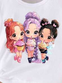 Short-Sleeved T-Shirt With Round Neck And Cartoon Print For Young Girls - 白色 - 查看 5