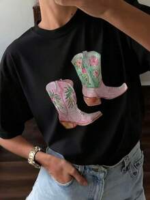 Playera con diseño de botas vaqueras, muy coloridas, diseño estampado, colores alegres, diseño creativo, moderno, cuello redondo, manga corta, ideal para uso diario, holgada, a la moda, ideal para tí. 100% algodón, estilo Y2K Bababask - Negro - Ver 6