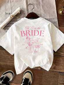 Camiseta Casual de Manga Corta para Mujer con Estampado en la Espalda, Temática de Boda, Cuello Redondo, 100% Algodón - Blanco - Ver 3
