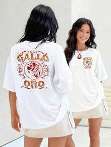 Golden Rooster Surrounded By Ornaments Symbolizing Strength And Prosperity On A Double-Print Women's T-Shirt, 100% Cotton. Suitable For Spring, Summer And Autumn. - 白色 - 查看 7
