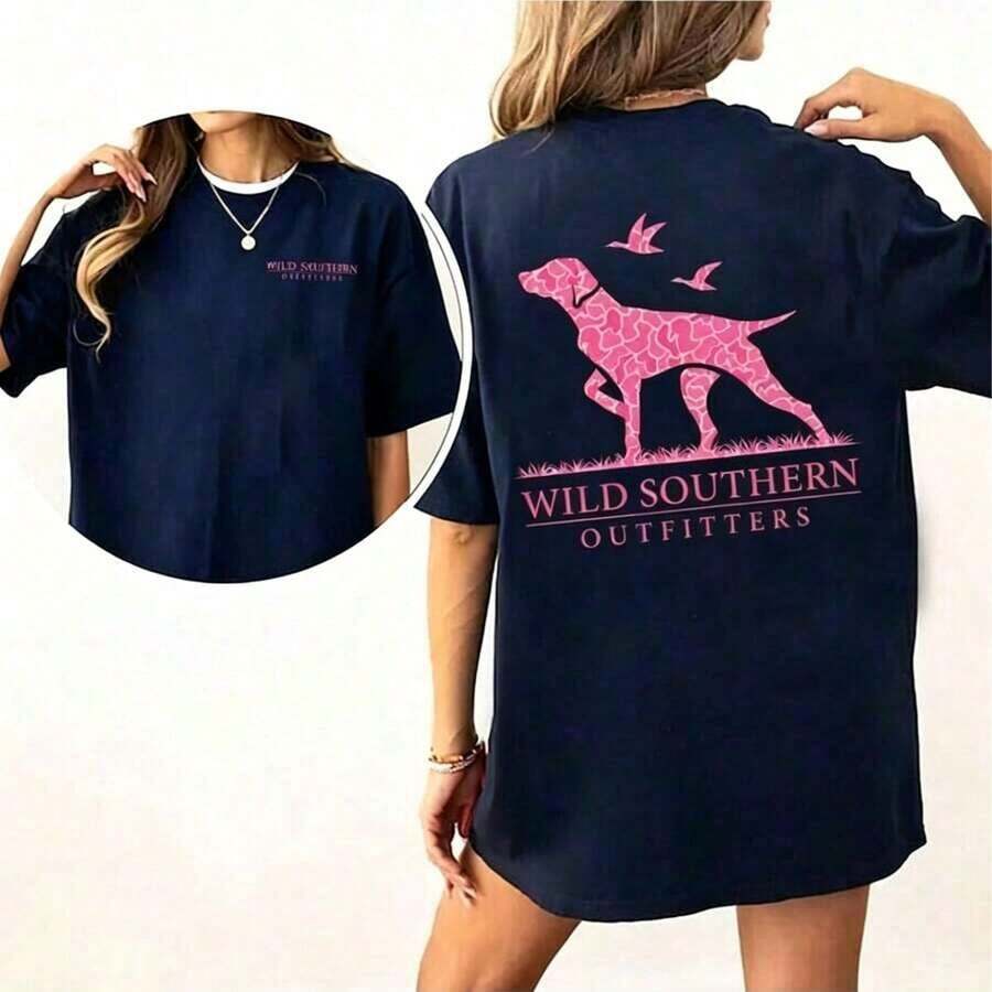 [100% Cotton] Pink Camouflage Print Dog Hunting Shirt, Wild Southern T-Shirt, Simply Printed Graphic Tee, New Comfortable Retro Cotton T-Shirt-L91 - 藏蓝色 - 查看 1