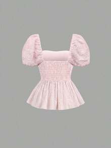 Blusa de mujer de manga corta con volantes, bordado floral romántico estilo francés, para primavera/verano - Rosa - Ver 2