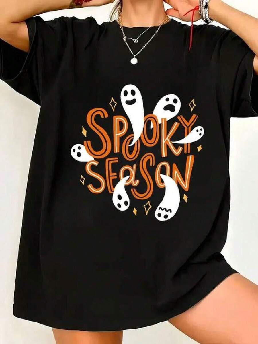 New 2026 Camiseta de Halloween para Mujer - Estampado Espeluznante con Fantasmas y Calabazas - Camisa Negra para Fiestas de Halloween - Ropa Ligera, Elástica y Cómoda - Lavable a Máquina, Moda Festiva, Manga Corta, Diseño Divertido, Cuidado Fácil Mujer casual estampado de Halloween calabazas y fantasmas oversize cuello redondo manga corta primavera verano uso diario camiseta - Negro - Ver 1