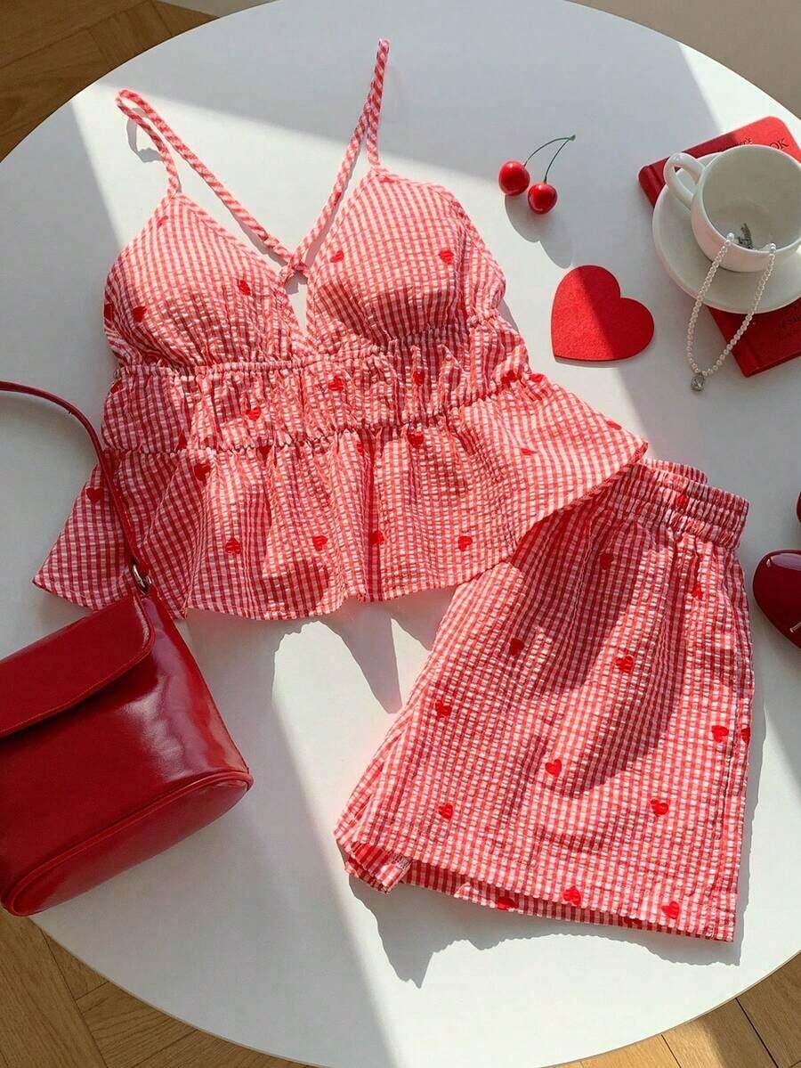xheComfortcana Conjunto informal de camiseta de tirantes y pantalones cortos con estampado de corazón tejido y cuadros en rojo para mujerxhe - Rojo - Ver 1
