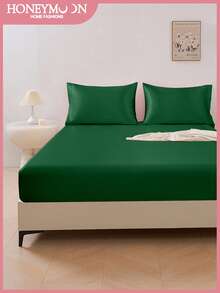 Ga trải giường HONEYMOON màu trơn bằng vải satin bóng, phù hợp với nệm có độ sâu 9-12 inch, sang trọng và mềm mại như lụa, cực kỳ mềm mại và thoáng khí, chống co rút, có thể giặt máy - Kích thước T F Q K cho gia đình và ký túc xá, đạt chứng nhận Oeko-Tex, màu xanh đậm. - Màu xanh lá cây đậm - Xem 2