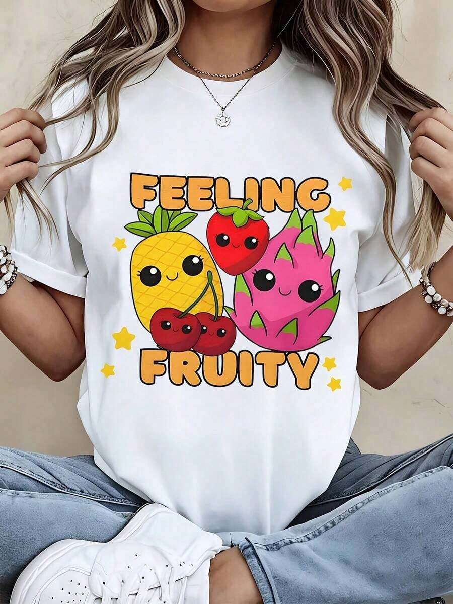 Casual T-Shirt With Cute Fruit Design, Loose Fit White Casual T-Shirt With Pineapple, Strawberry, Dragon Fruit And Cherry Print, Women's Top, 100% Cotton, Durable - 白色 - 查看 1