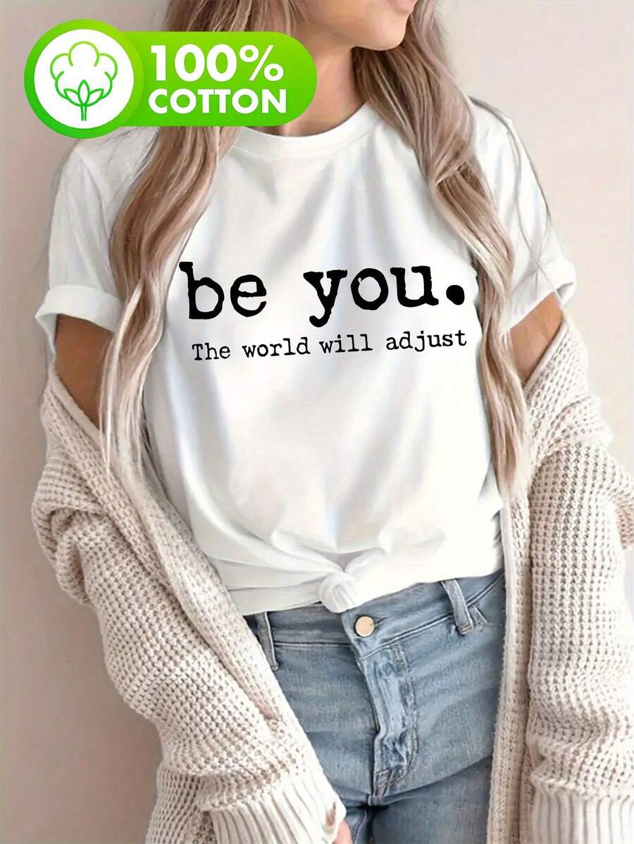 Camiseta de manga corta para mujer de talla grande - Estampado inspirador "Sé tú mismo y el mundo se adaptará" - 100% algodón puro, suave y de peso pesado, con cuello redondo - Negra con letras blancas - Adecuada para uso casual y formal - Camiseta de algodón semitransparente lavable a máquina - Transpirable y cómoda para mujer. - Blanco - Ver 1