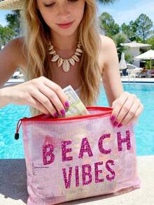 Multi Colored Waterproof Fashionable Mesh Beach Bag, Makeup Bag With Colorful "Beach Atmosphere" Print, Beach Theme With Letters And Sequin Design. Large Capacity Transparent Makeup Bag, Nylon Zipper Wash Bag - Lightweight, Can Store Sunscreen, Snacks, Bikinis, And Beach Essentials. Spring And Summer Storage - Multicolor - View 8