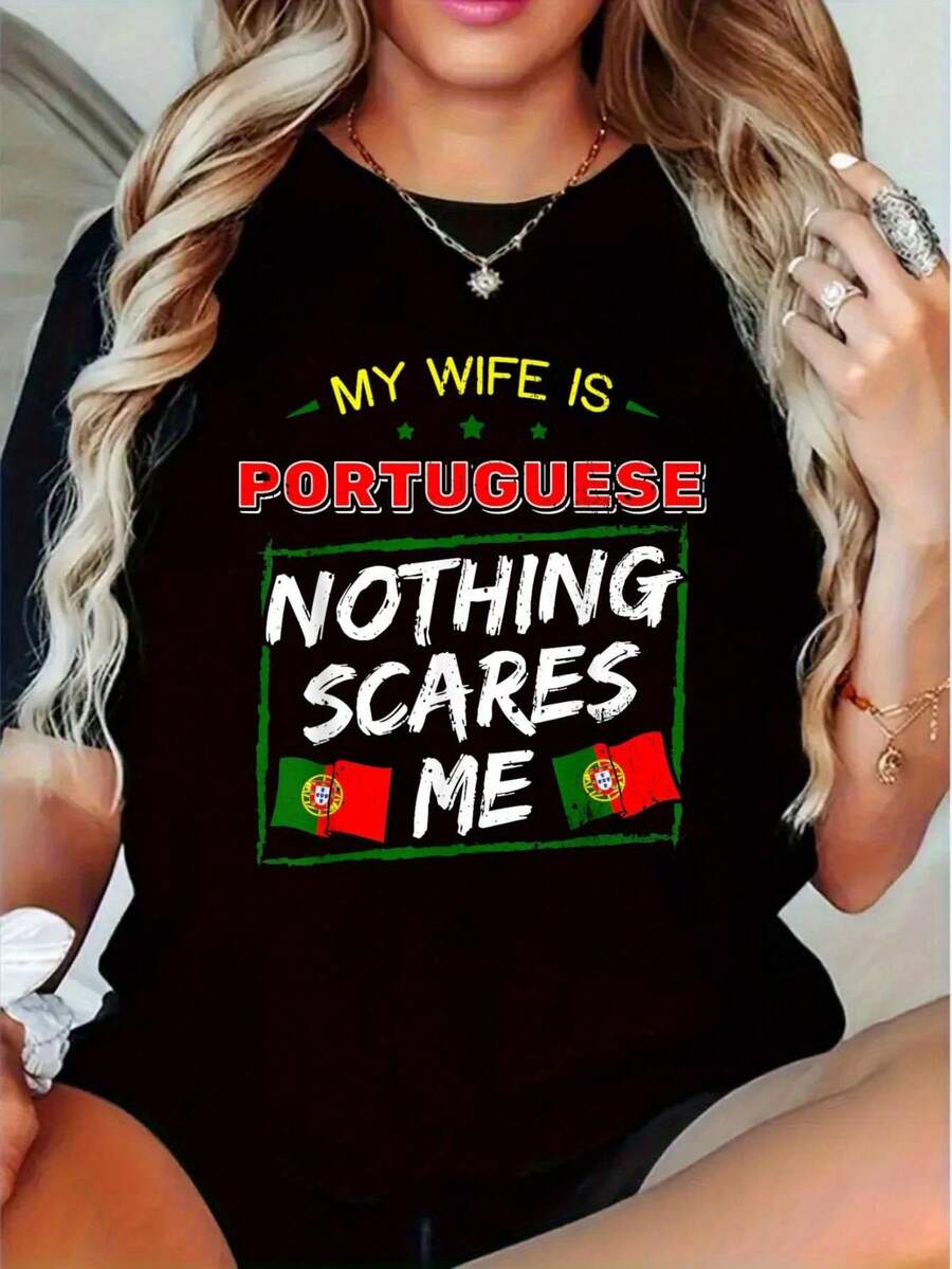 1 Men's Portuguese Heritage T-Shirt - "My Wife Is Portuguese" Portuguese Flag Graphic T-Shirt With Map Of Portugal - Heavyweight Breathable Short Sleeve T-Shirt 220gsm - For All Seasons - 黑色 - 查看 1