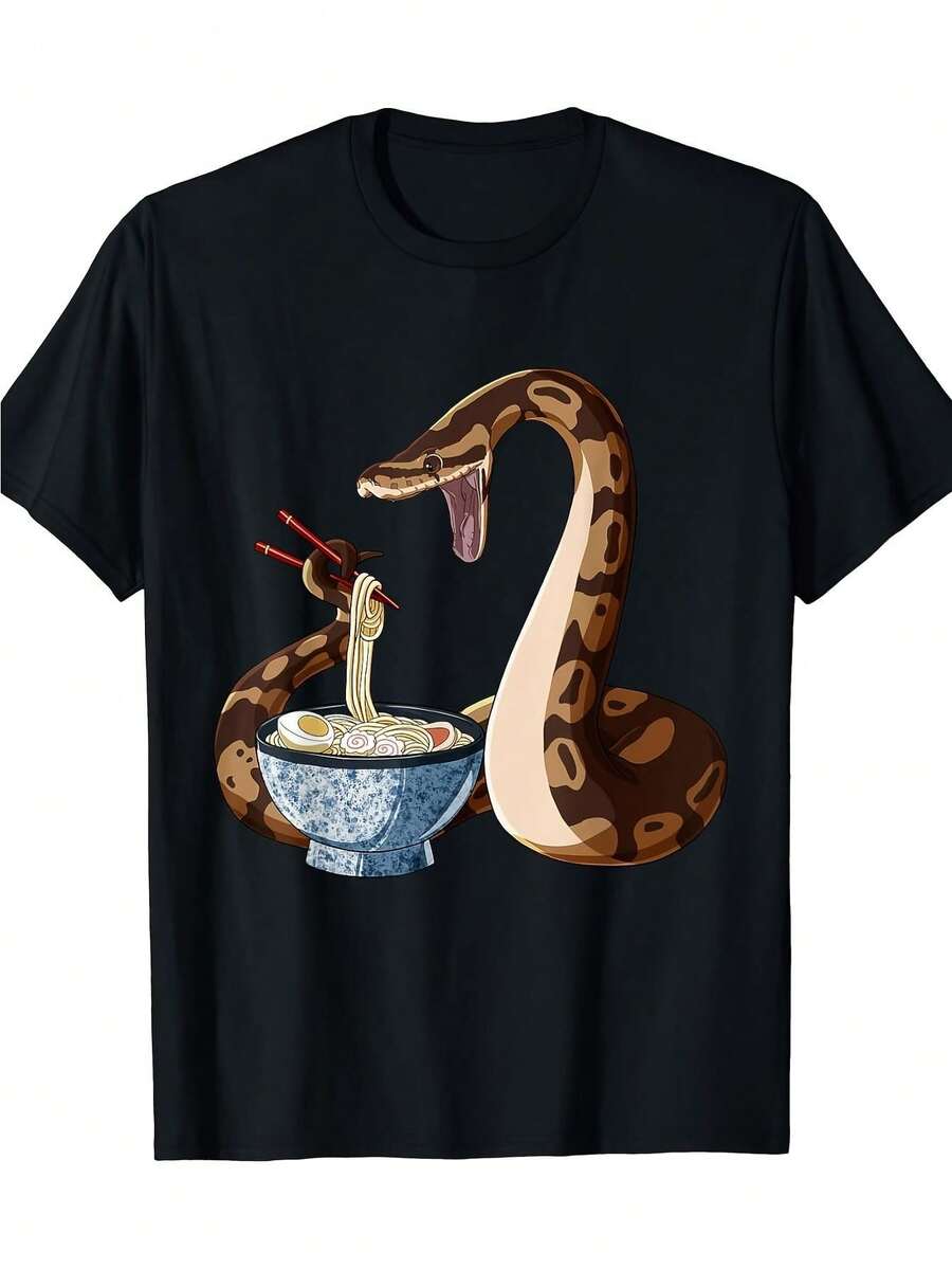 Comfortable T-Shirt With A Unique Ramen Snake Design, Breathable Stretch Crew Neck Casual T-Shirt For Everyday Wear, Comfortable Graphic Print T-Shirt, All-Season T-Shirt For Daily Outdoor Activities - 黑色 - 查看 1