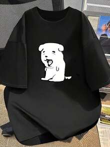Under The Radar Women's Casual Off-Shoulder Short-Sleeve T-Shirt With A Playful And Adorable Yawning Puppy Print - A Fun And Heartwarming Design - A Niche Style Perfect For Everyday Wear By Students. Unisex Cotton Loose Fit Short-Sleeve Crew Neck T-Shirt With An Urban Vintage Style - 黑色 - 查看 7