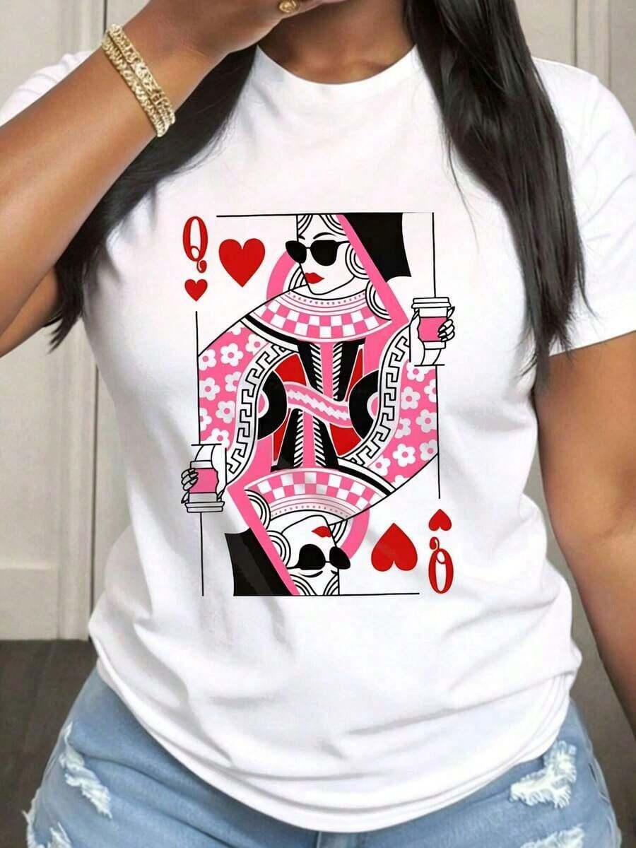 Camiseta de Talla Grande para Mujer "Queen Of Hearts Coffee Lover", de Manga Corta y Cuello Redondo, con Tela de Elasticidad Media, Adecuada para Atuendos Casuales de Primavera, Verano y Otoño, Lavable a Máquina, Diseño Divertido. - Blanco - Ver 1