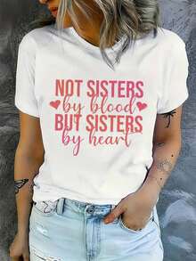 Women's T-Shirt "We're Not Blood Sisters, But We're Sisters At Heart" - Soft Polyester, Loose Fit, Crew Neck, Short Sleeve, Black With Pink Lettering And Heart Design, Essential Casual Wear For Spring/Autumn, Ideal For Sisters, Matching Family Outfits, Casual Wear (Hand Washable) - Ideal Gift For Birthdays Or Housewarmings, Vibrant Pink And White Lettering, Soft Texture, No Bulkiness, Suitable For Layering Or Wearing Alone. Women's Blouses > Shirt - 白色 - 查看 7