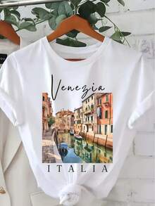 Edición Limitada, Talla, Camiseta con Estampado Italiano de Venecia para Damas y Caballeros - Estilo Vacacional con Estampado de Letras de Vías Fluviales - Camiseta de Alta Calidad, Suave al Tacto, para Uso Diario, Blanca, Estilo Casual Vacacional (Lavable a Mano) - Regalo Conmemorativo Italiano Preferido, Esencial para el Verano, Estampado Cómodo, Algodón Ligero - Blanco - Ver 7