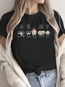 Camiseta de algodón de manga corta para mujer con estampado de personaje de anime, cuello redondo casual, estilo regular, tela cómoda para todas las estaciones, camisetas de uso diario para mujer, camisetas promocionales para mujer, hermosa camiseta holgada, casual y versátil. - Negro - Ver 6