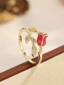 Nhẫn hở mạ vàng 18K hình trái tim đỏ và hoa hồng đính đá Cubic Zirconia, nhẫn đeo ngón tay có thể điều chỉnh kích thước, trang sức ngọt ngào lãng mạn dành cho phụ nữ. - Nhiều màu - Xem 19