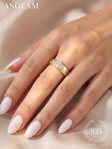 1 chiếc nhẫn bạc 925 mạ vàng và đính đá Cubic Zirconia trắng, thanh lịch và thời trang, thích hợp làm quà tặng kỷ niệm/sinh nhật. - Vàng - Xem 2