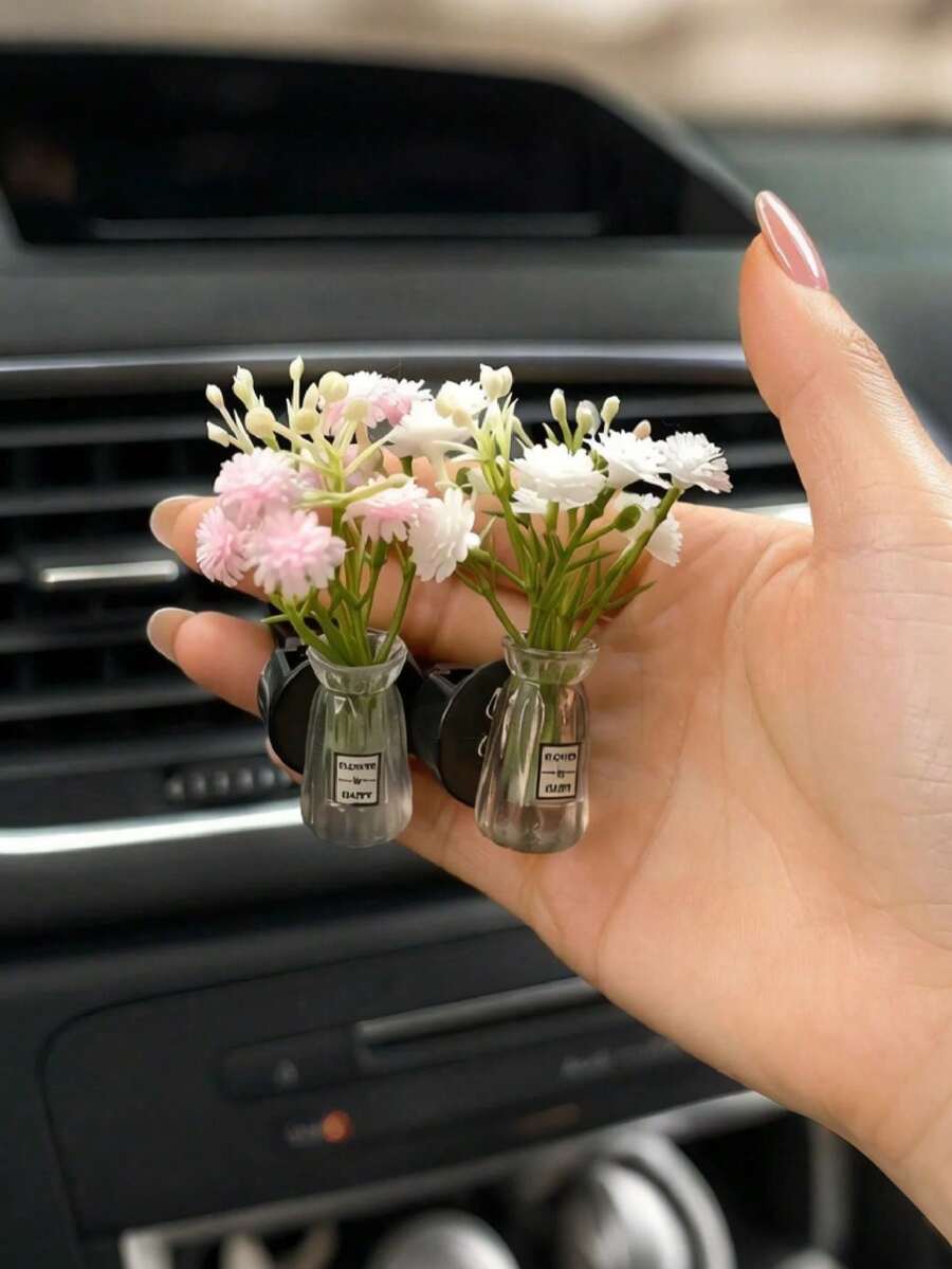 迷你花瓶车载空调出风口夹,人造康乃馨香薰扩散器,可爱汽车内饰装饰及车载香氛 - A - 查看 1
