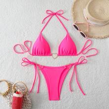 26 New Bikini Models, Sexy Two-Piece Bikini With Triangle Cup, Sexy Solid Color Swimsuit. - Coffee Brown - View 9