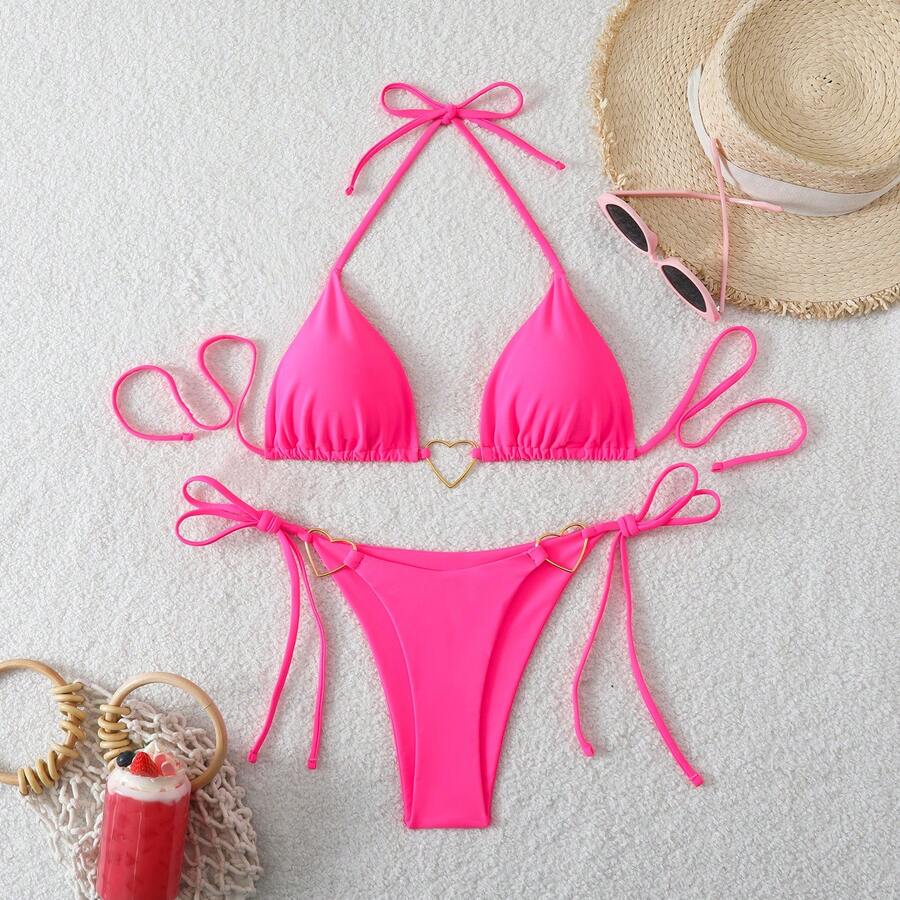 26 New Bikini Models, Sexy Two-Piece Bikini With Triangle Cup, Sexy Solid Color Swimsuit. - 玫紅色 - 查看 1