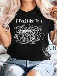 Camiseta oversize con estampado de emoticonos y frases abstractas "I Feel Like This", de manga corta y cuello redondo, top casual, ropa de mujer para verano y primavera. - Negro - Ver 2
