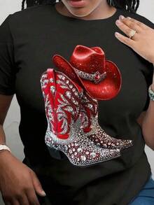 New 2026 Playera con estampado de botas vaqueras y tejana, estampado muy vaquero y cool, con colores brillantes, ideal para uso diario, llamativo, moderno, holgado, cuello redondo, manga corta, ideal para ti - Negro - Ver 6