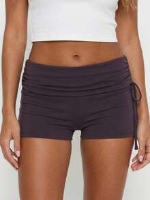 Women Fold Over Waist Shorts Fashionable Solid Color Low Rise Slim Fit Mini Shorts For Beach Daily Wear - Purple - View 6