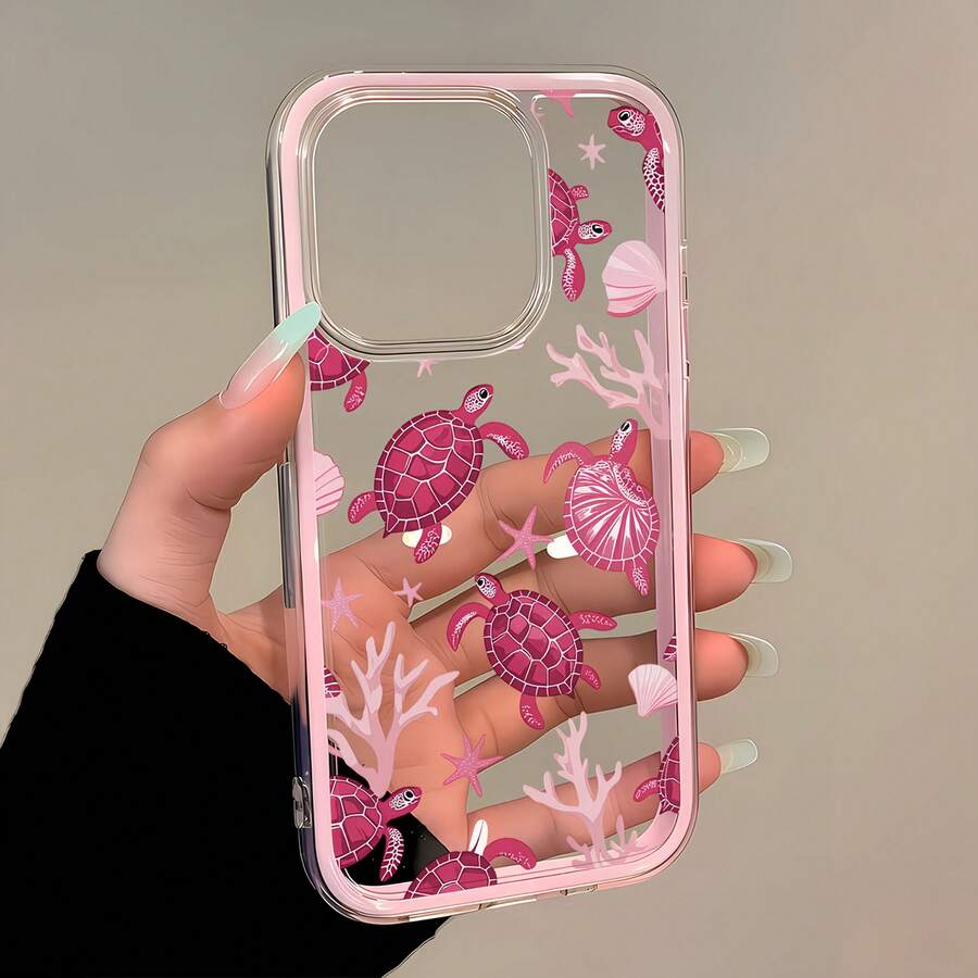 1pc Pink Frame Transparent Minimalist Lens Protection Anti-Fall Anti-Collision Full Screen Coral Turtle Pattern Phone Case, Personalized For IPhone 16 Pro Max, 17/16/15/14 Plus/13/12/11, Air, Suitable For Samsung Series - Multicolor - View 1