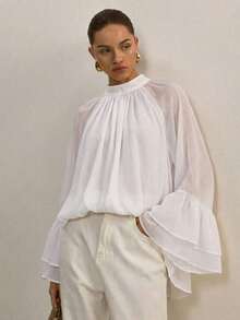 Blusa suelta de moda con mangas acampanadas y cuello raglan de unicolor para mujer - Blanco - Ver 11
