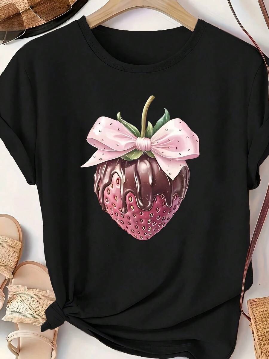 Camiseta Casual de , Cuello Redondo Manga Corta con Estampado de Fresa y Lazo, Tela con Estiramiento Medio, Lavable a Máquina para Todas las Estaciones - Negro - Ver 1