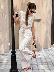 Conjunto de 2 piezas de blusa con ribete de encaje de unicolor y pantalones de pierna ancha para mujer, casual para vacaciones y viajes, primavera/verano - Albaricoque - Ver 5