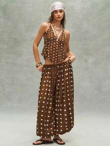 Pantalones sueltos de mujer con cordón y estampado de lunares tejido informal - Marrón - Ver 6